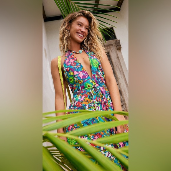 Free People Nouveau Tropic Plunging Halter Neck Linen Blend Bare Back Maxi ZB2 - Picture 7 of 13